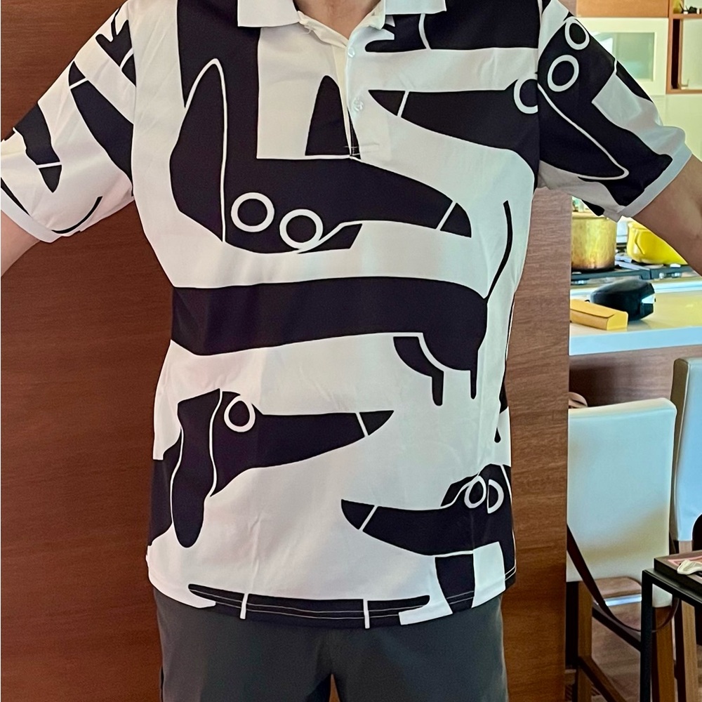 Men’s XL mod dachshund print black/white performance fabric polo shirt